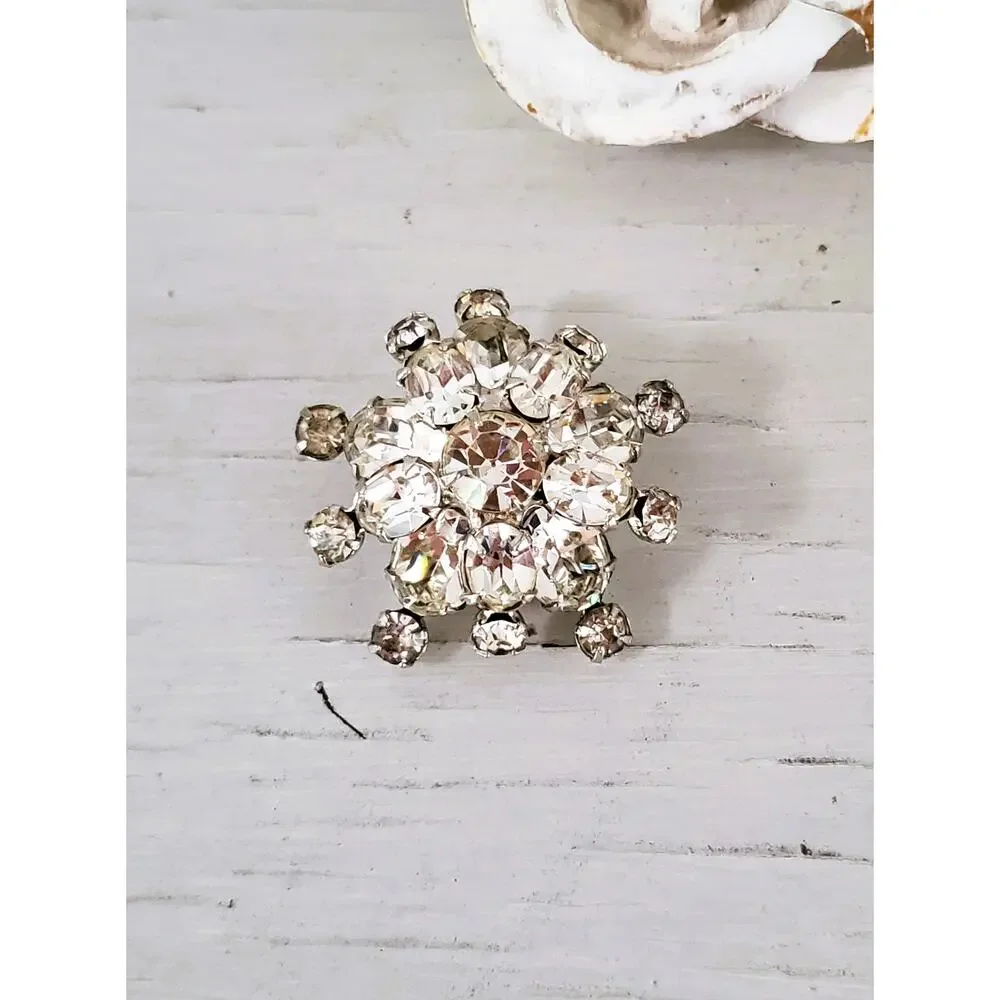 Vintage Mini Floral Clear Rhinestone Dome Brooch